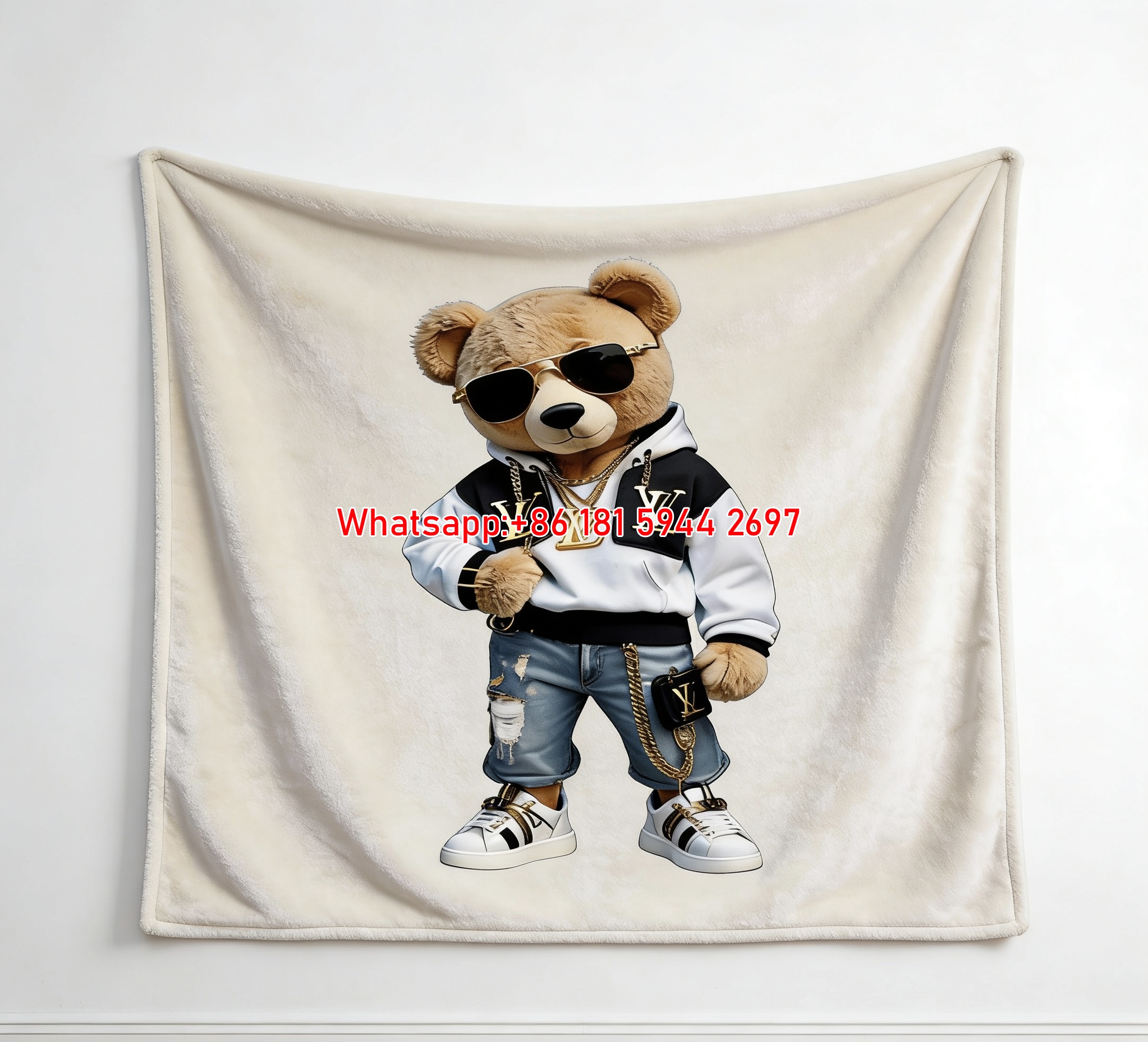 Hip Hop LV Teddy Bear Flannel Sofa Blanket 502